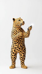 Sleek Leopard Figure Holding an Object in a Minimalist Studio Setting with Neutral Background