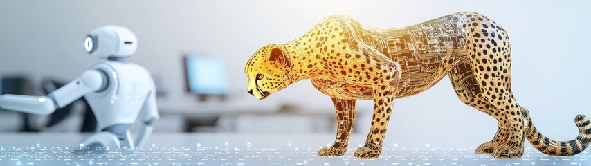 Sleek Hybrid Cheetah Figure with Robotic Elements in Modern Workspace Setting