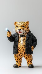 Sleek Leopard Figure in Stylish Attire Holding a Wand Against a Neutral Background