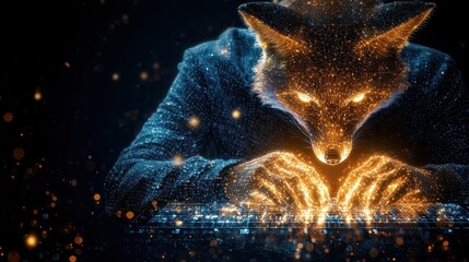 Digital Fox Character Working on Keyboard in Futuristic Style with Mystical Glow and Details
