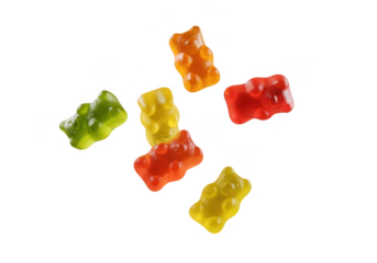 Colorful gummy bears scattered isolated on transparent background