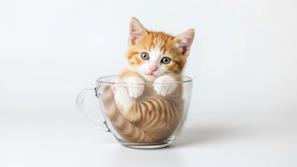 A curious orange kitten peeking out of a coffee cup on a white surface from a straight-on viewpoint