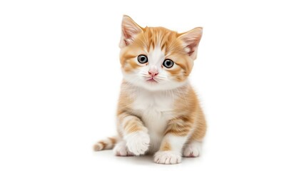 A small orange and white kitten sitting on a white background looking directly at the camera with its paw raised.