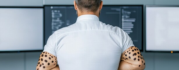 Professional Individual with Cheetah Spots on Arms Working in Modern Office Environment