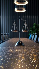 Professional Hybrid Meeting Room with Scales and Glowing Effects on Conference Table