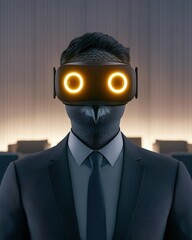 Professional Hybrid Owl Character with Glowing Eyes in Virtual Reality Headset