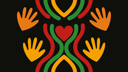 Fototapeta premium Stylized hands reaching toward bright hearts in warm colors on black background