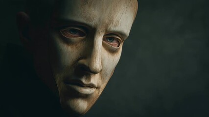 Man holding wooden mask close to his face in dramatic light - Powered by Adobe