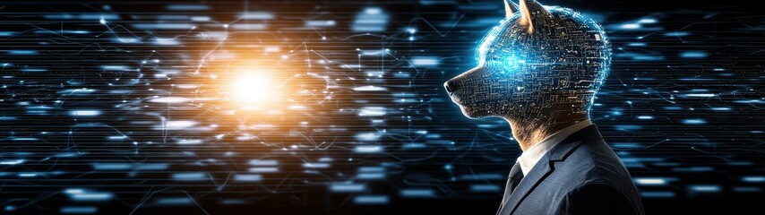 Businessman with Wolf Head in Digital Environment, Surreal Concept of Leadership and Identity