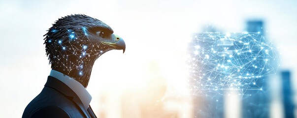 Businessman with a Hawk Head Engaging in Futuristic Digital Interactions in Urban Setting