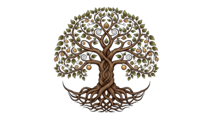 Intricate Celtic knot tree of life with golden fruit and green leaves on black background detailed roots