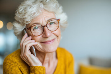 Smiling senior woman with glasses talking on smartphone at home &mdash; warm close-up portrait of a happy mature woman connecting with loved ones