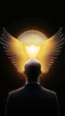 Businessman with Falcon Head Emblem Against a Radiant Background in Dark Tone