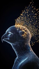 Futuristic Businessman Character with Falcon Head and Digital Aesthetic in a Dark Environment