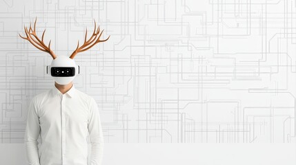 Businessman with Robotic Antlers Exploring Futuristic Concepts in a Modern Digital Environment