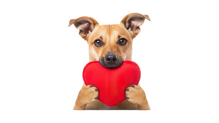 Cute dog holding red heart isolated on transparent background