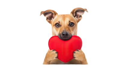 Cute dog holding red heart isolated on transparent background