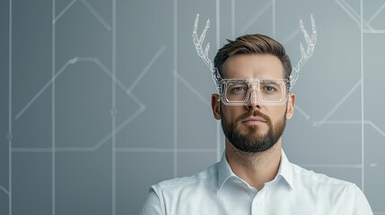 Businessman with Robotic Antlers Exploring Future Technology Concepts in Modern Environment