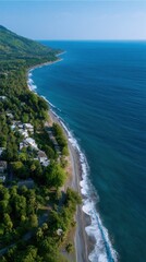 Obraz premium Aerial View of Pristine Coastline Featuring Resort Buildings and Lush Greenery