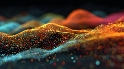 Colorful particle wave forming a dynamic abstract data stream with flowing movement in a futuristic 3D space