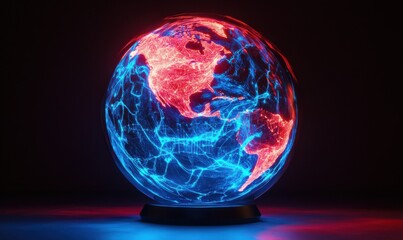Futuristic globe glowing in neon blue and red, symbolizing global data networks and technological advancement.