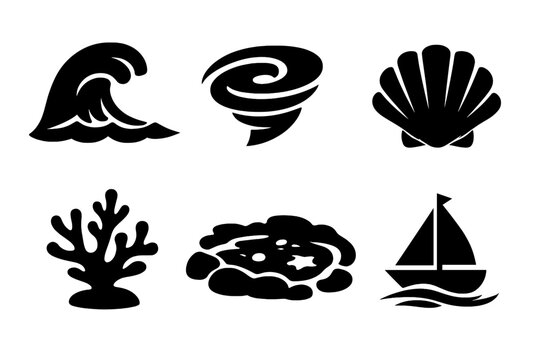 Ocean Vector Icons. Solid vector icons of ocean and tides: wave, whirlpool, shell, coral, tide pool, sailboat No text, No labels,