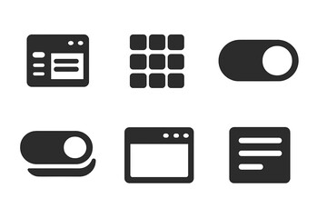 Obraz premium UI Elements Icons. Solid vector icons of UI elements: panel, grid, toggle, switch, window, menu No text, No labels, isolated
