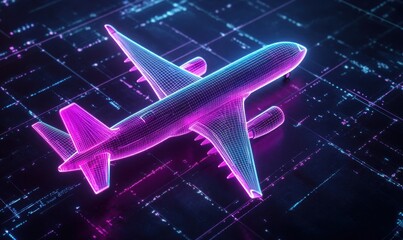 Futuristic neon-lit airplane diagram glowing in magenta and cyan on a sleek black grid, symbolizing cutting-edge aviation technology.