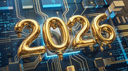 Golden 2026 balloon numbers over a dark circuit board background with glowing traces and microchips, concept for technology forecasts, corporate digital transformation and future innovation reports