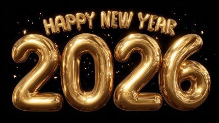 Happy New Year 2026 text design, 3d gold inflatable letters