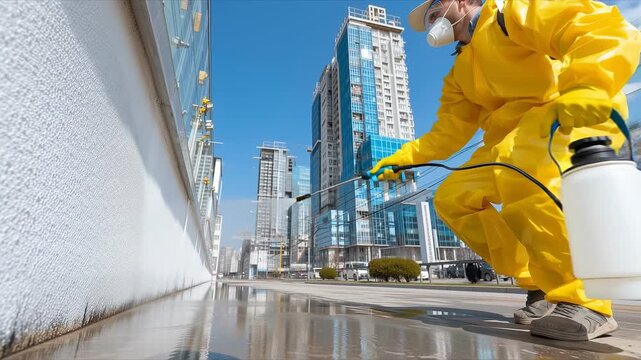 Worker in yellow hazmat suit disinfecting city walls in sunlight