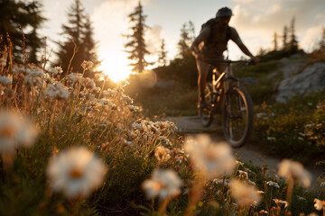 Sunlit mountain biker on a forest trail weaving past wildflowers at golden hour - adventurous outdoor cycling through alpine meadow in warm sunset glow