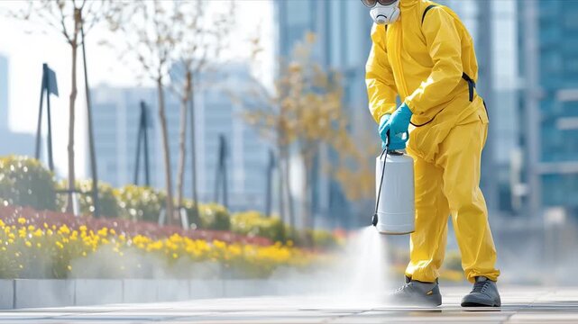 Worker in yellow hazmat suit sanitizing city street with sprayer