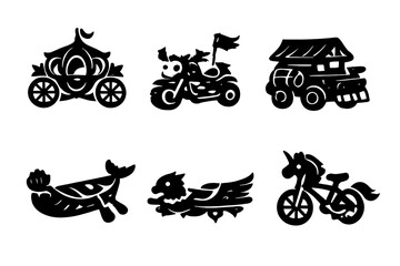 Naklejka premium Magical Transportation Icons. Solid style icons of Magical Rides: elf carriage, goblin tricycle, dwarf wagon, mermaid canoe,