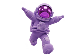 Purple astronaut toy holding camera isolated on transparent background