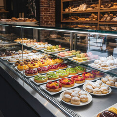 Obraz premium Showcase full of colorful pastries including macarons, fruit tarts, and cream puffs in a bakery display case. Sweet dessert selection for sale.