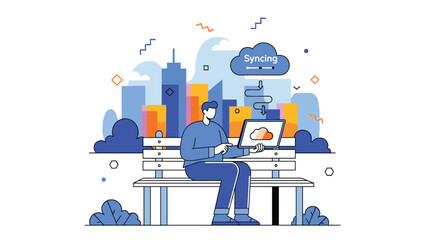 Man working on laptop with cloud syncing in modern cityscape