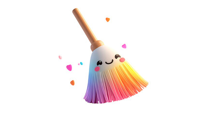 Cartoonish, colorful broom with a friendly face and heart-shaped confetti