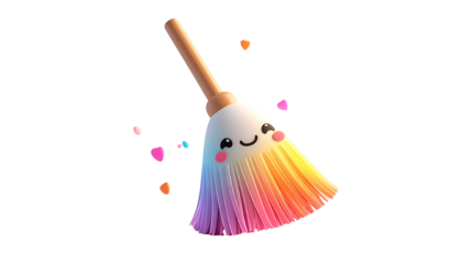 Cartoonish, colorful broom with a friendly face and heart-shaped confetti