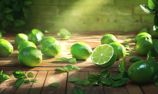 Glossy green limes scattered on a wooden table with fresh mint leaves, their vibrant colors enhanced by natural light,