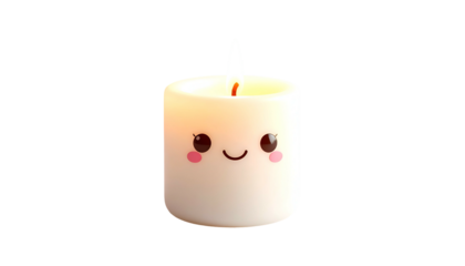 A smiling, cartoon-like candle with a burning flame, set against a stark black background