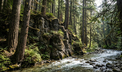 Pine Forest Landscape with Rocky River
