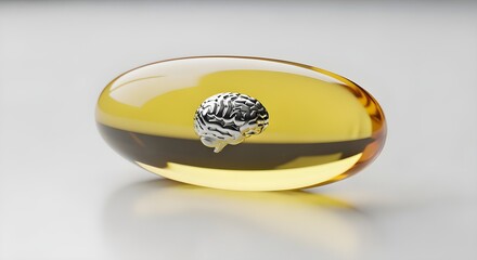 A clearer, modern reinterpretation of a sleek, modern fish oil capsule, transparent to show the golden liquid inside, with a tiny brain icon suspended within it, styled for visual appeal.