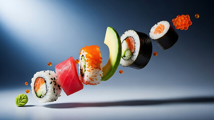 Dynamic culinary display of fresh deconstructed sushi ingredients, artfully floating in mid-air, showcasing the vibrant elements of exquisite Japanese cuisine
