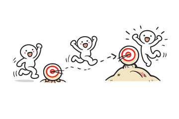 Fototapeta premium Evolving Goals Icon. Doodle-style vector icon of evolving goals visualization, target center moving as progress is made, joyful
