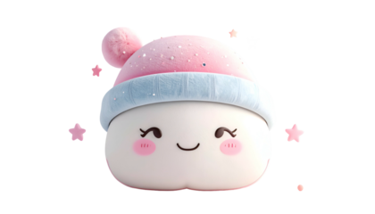 Adorable cartoon character with a pink and blue winter hat, surrounded by stars
