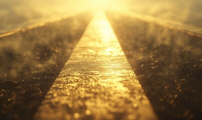 Golden railroad tracks glistening in the early morning light, stretching endlessly through a misty countryside, evoking travel and adventure,