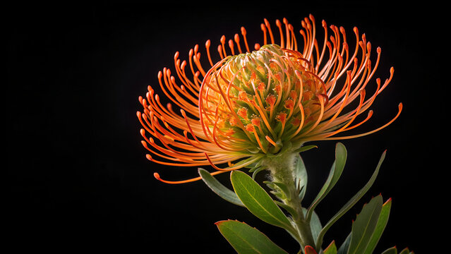 Macro of Leucospermum cordifolium pincushion protea bloom on black background. Exotic tropical flower, vibrant texture, abstract natural art. Copy space