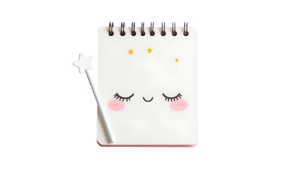 Whimsical notepad with a smiling face, stars, and a star-topped magic wand