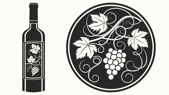 Vetor de ilustra&ccedil;&atilde;o vintage de garrafa de vinho em vidro com uvas e folhas de videira para design de logotipo de bar ou restaurante
